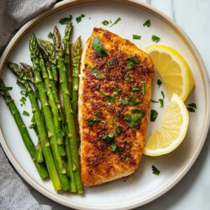 Grilled red snapper on a plate garnished with herbs and lemon.