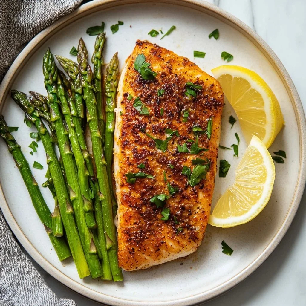 Grilled red snapper on a plate garnished with herbs and lemon.