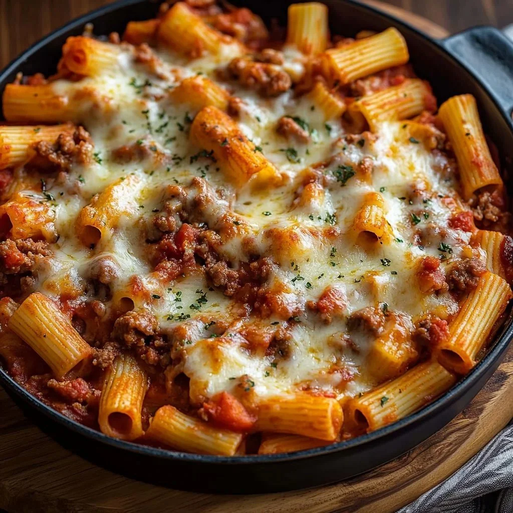 A hearty dish of Ground Beef Baked Ziti topped with melted cheese and herbs.