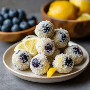 Plate of Lemon Blueberry Cottage Cheese Bites topped with fresh blueberries