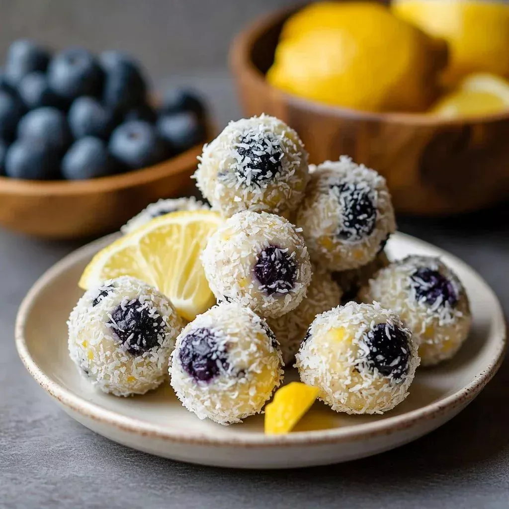 Plate of Lemon Blueberry Cottage Cheese Bites topped with fresh blueberries