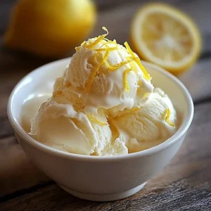 Homemade lemon cheesecake ice cream served in a bowl with a lemon slice garnish