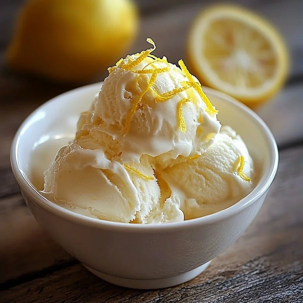 Homemade lemon cheesecake ice cream served in a bowl with a lemon slice garnish