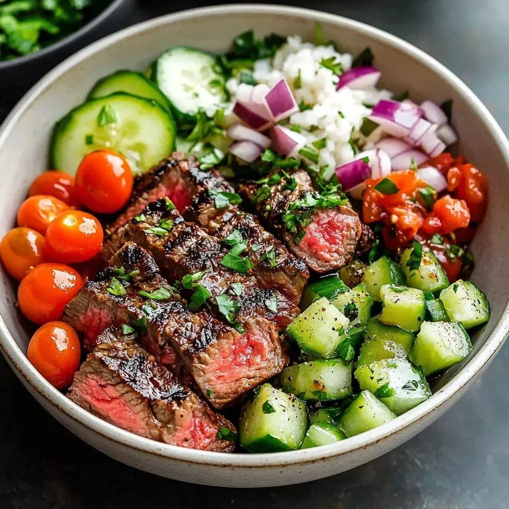 Mediterranean steak bowl with grilled veggies and herbs