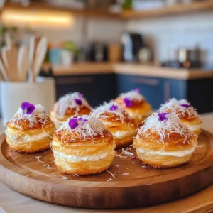 Mini kunafa cream puff delights with creamy filling and crispy layers
