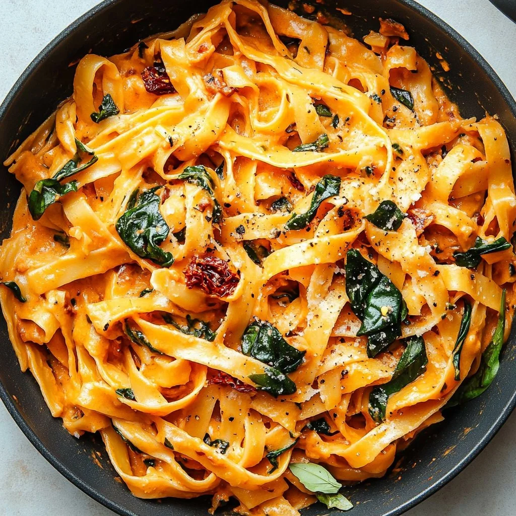 Creamy sun-dried tomato pasta ready to serve with basil garnish