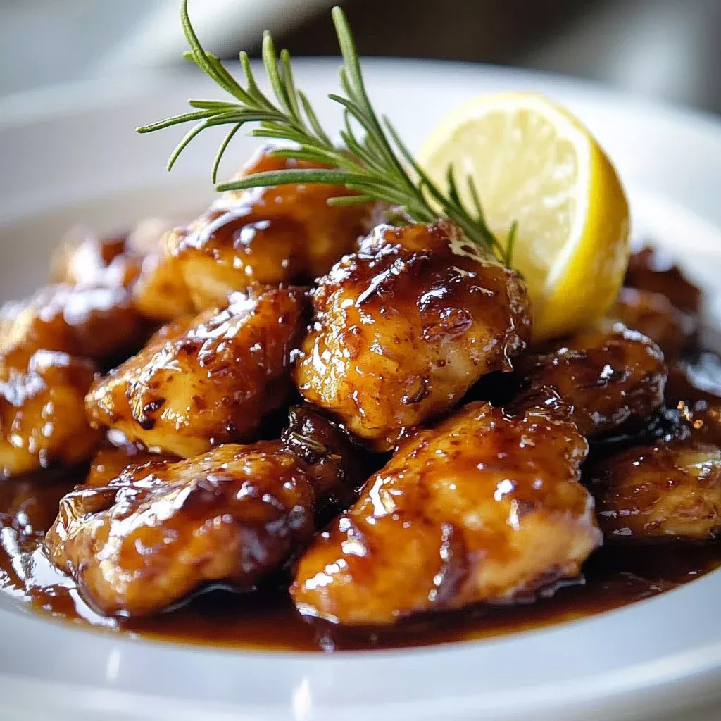 Plate of Miracle Honey Garlic Chicken drizzled with honey and garlic sauce
