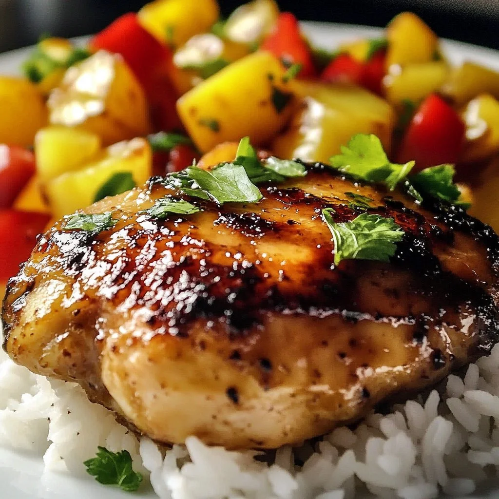 Delicious One-Pan Pineapple Chicken and Rice served on a plate with colorful vegetables.
