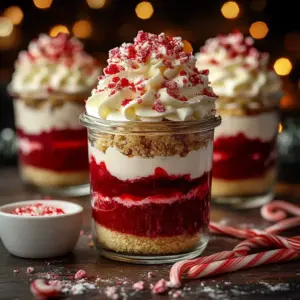 Delicious peppermint cheesecake parfait cups served in clear cups with festive toppings