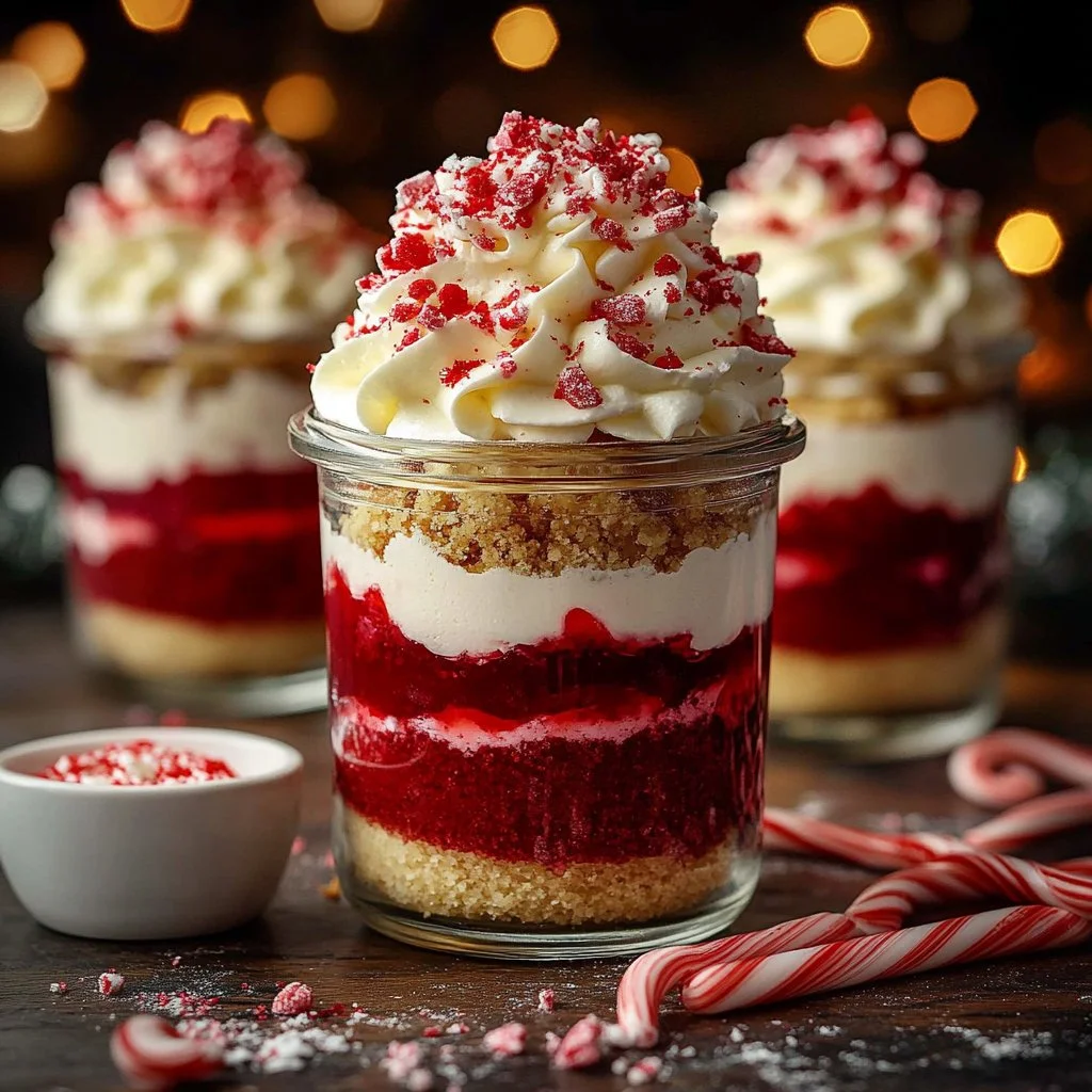 Delicious peppermint cheesecake parfait cups served in clear cups with festive toppings