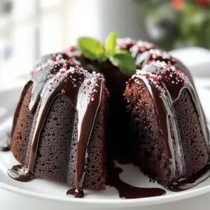 Delicious Peppermint Chocolate Bundt Cake topped with chocolate ganache and peppermint sprinkles