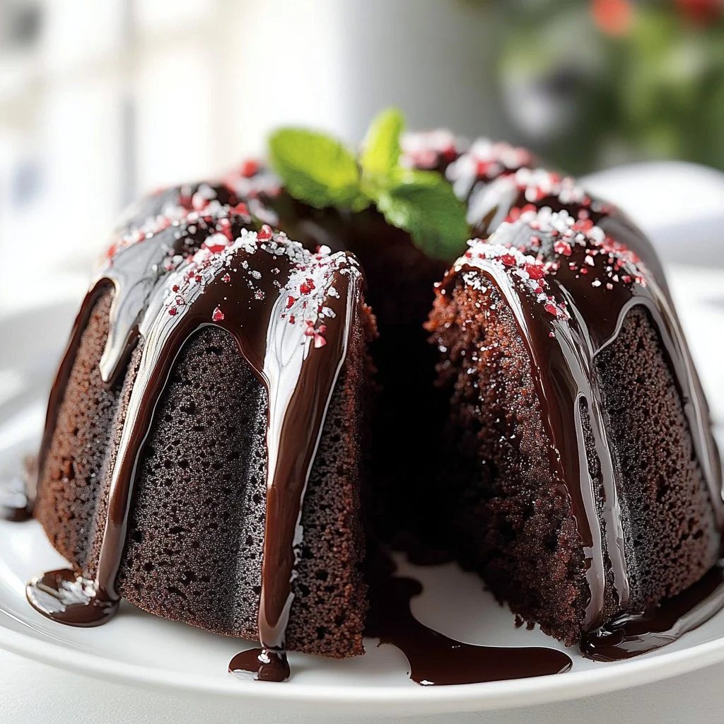 Delicious Peppermint Chocolate Bundt Cake topped with chocolate ganache and peppermint sprinkles