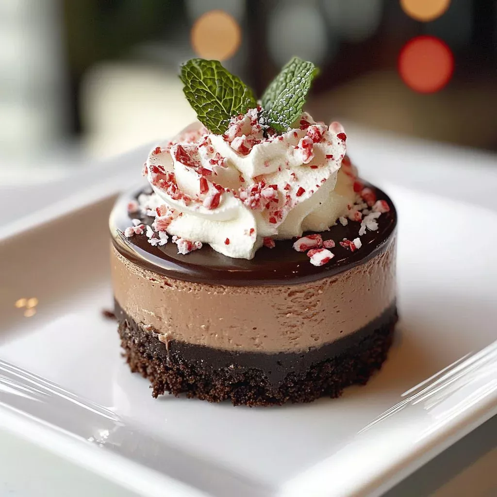 Delicious peppermint chocolate cheesecake topped with mint sprinkles