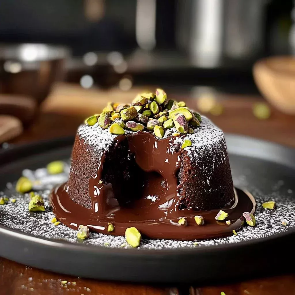 Pistachio velvet lava cake with a molten chocolate center