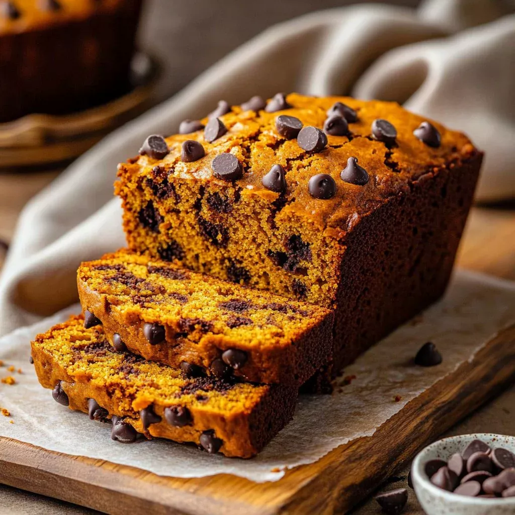 Slice of homemade Pumpkin Chocolate Chip Bread with chocolate chips on top.