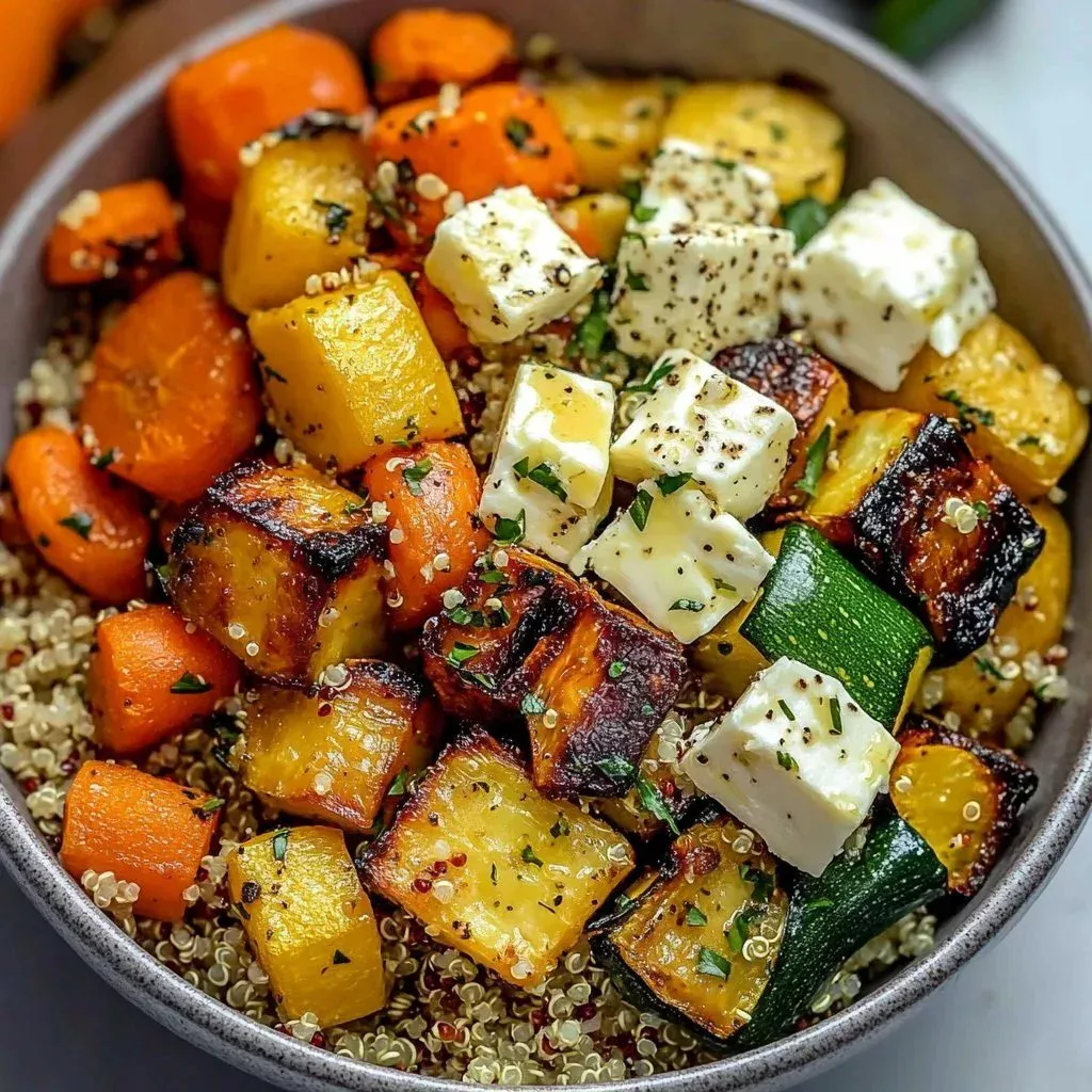 Quinoa bowl topped with roasted vegetables, a healthy and nutritious dish.