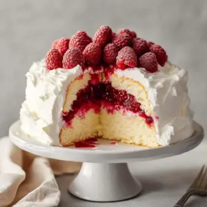 Raspberry Cream Angel Food Cake topped with fresh raspberries and cream