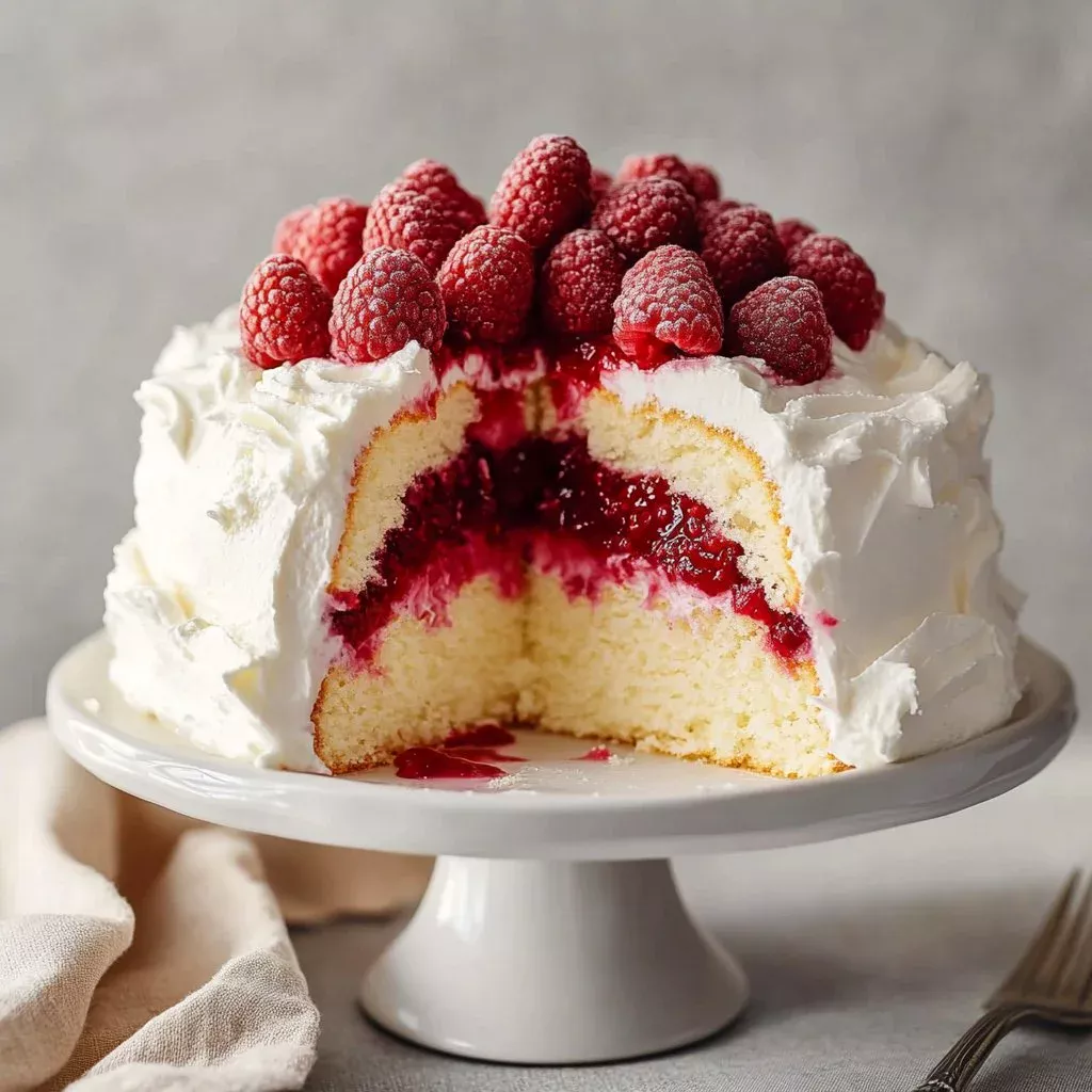 Raspberry Cream Angel Food Cake topped with fresh raspberries and cream