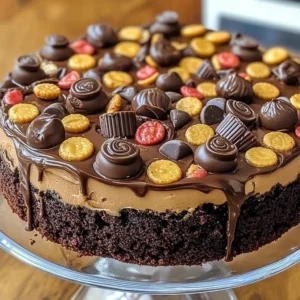 Delicious Reese's Peanut Butterquake dessert with chocolate and peanut butter layers.