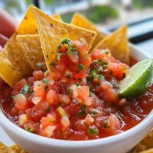 Fresh restaurant style salsa in a bowl with chips on the side