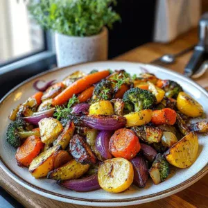 Plate of colorful roasted veggies cooked to perfection.