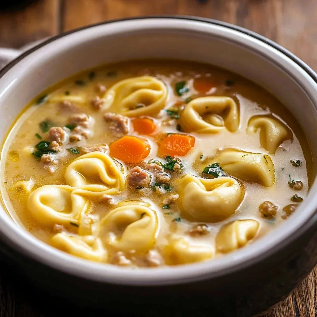 Bowl of Sausage Tortellini Soup garnished with herbs