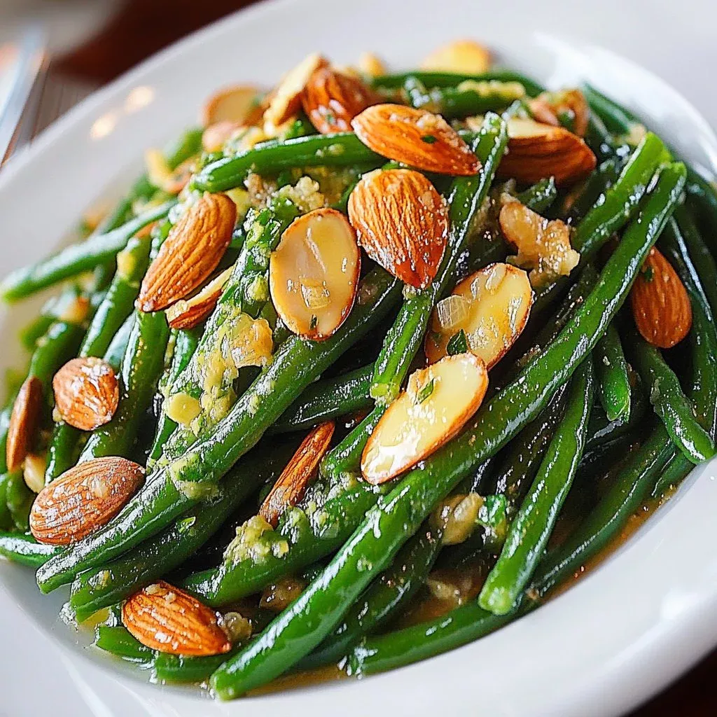 Plate of sautéed green beans with almonds served as a healthy side dish