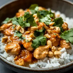Savory slow cooker peanut chicken served on a plate with garnish