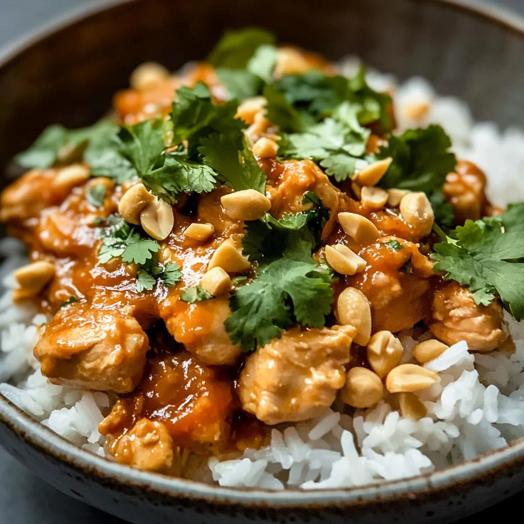 Savory slow cooker peanut chicken served on a plate with garnish