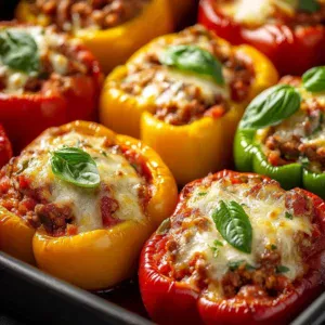 Delicious savory stuffed bell peppers filled with rice and meat on a plate