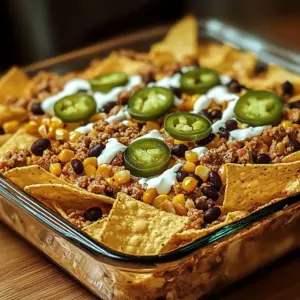 Savory White Trash Casserole topped with cheese and crispy bacon