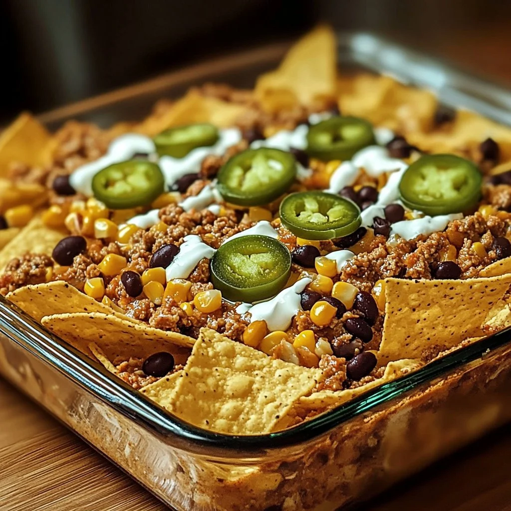 Savory White Trash Casserole topped with cheese and crispy bacon