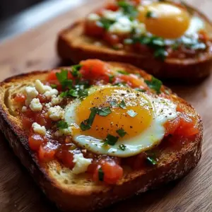 Shakshuka on toast topped with herbs and spices.