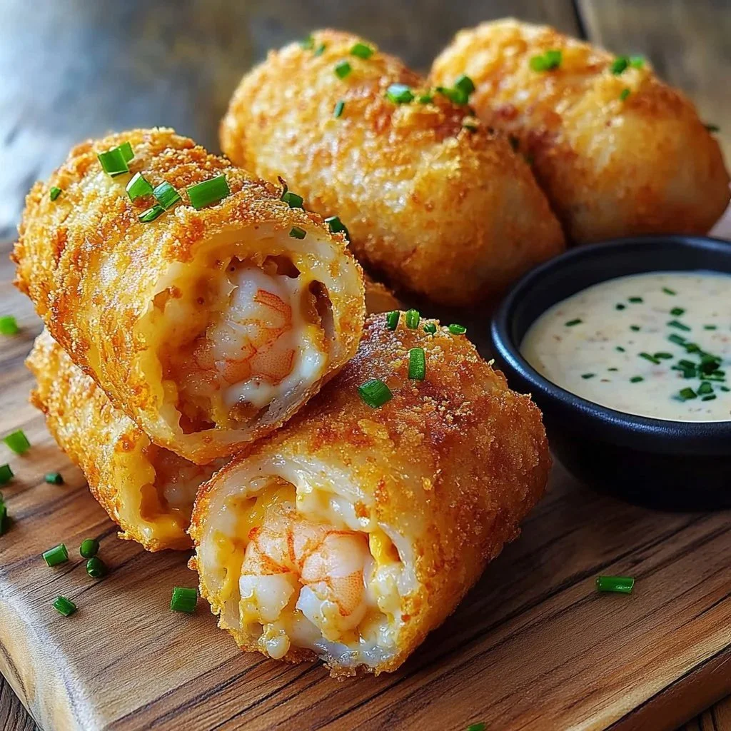 Shrimp and crab topped nacho corn dogs served with dipping sauce
