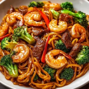 Shrimp Ribeye Stir-Fry with Noodles showcasing vibrant vegetables and tender meat