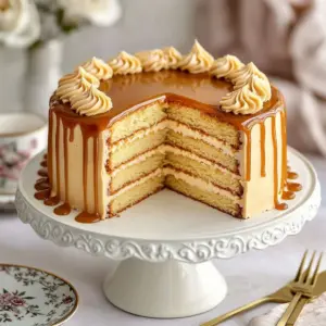 Silky caramel cream cake, rich and creamy dessert for celebrations.