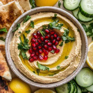 Silky creamy hummus dip served in a bowl with fresh vegetables