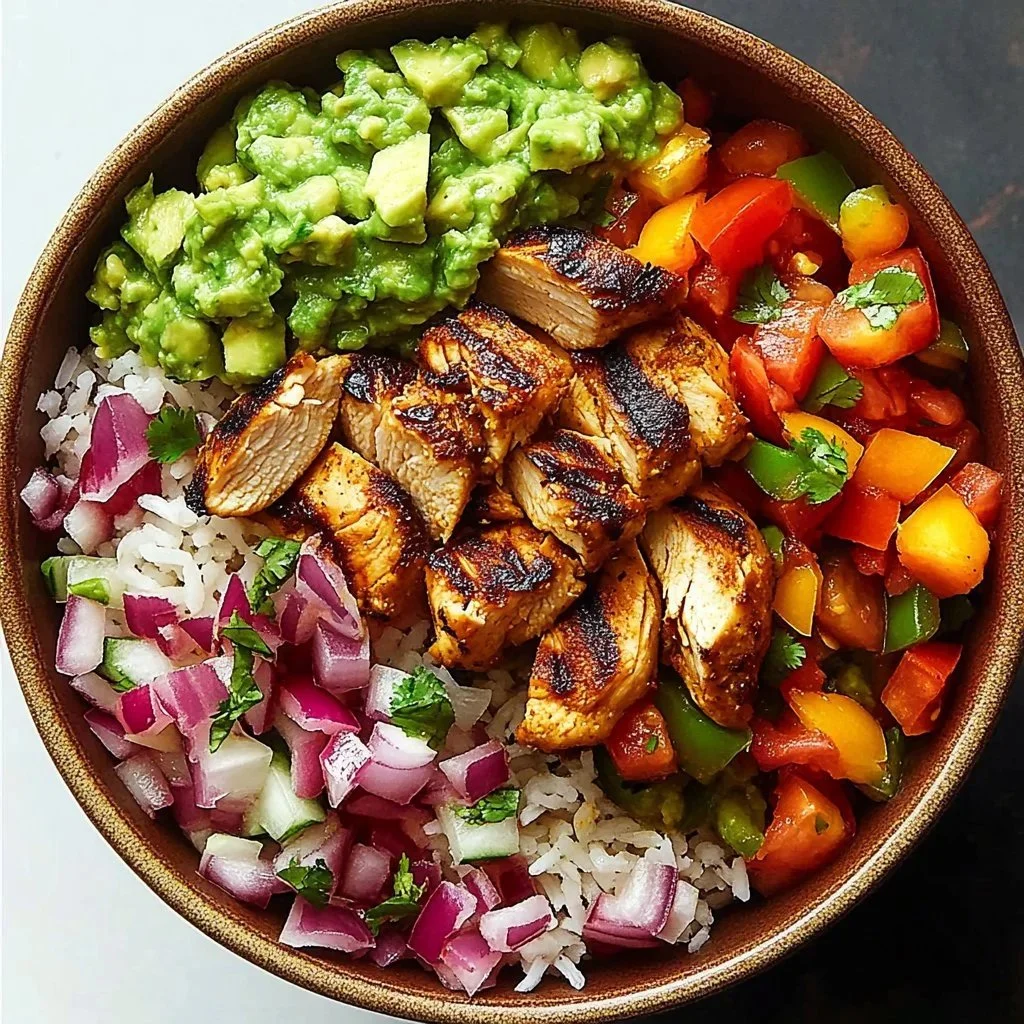 Sizzling chicken fajita burrito bowl with colorful veggies and spices