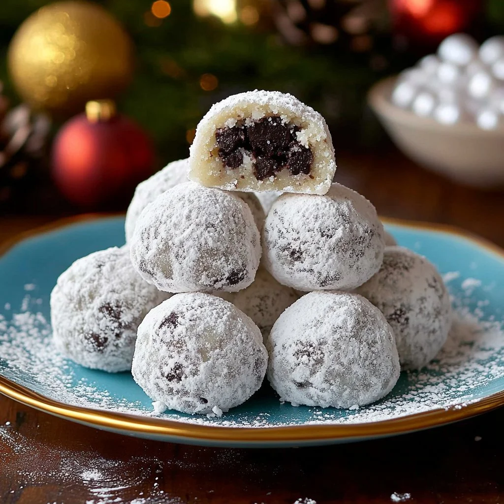 Delicious snowball cookies with chocolate chips on a white plate