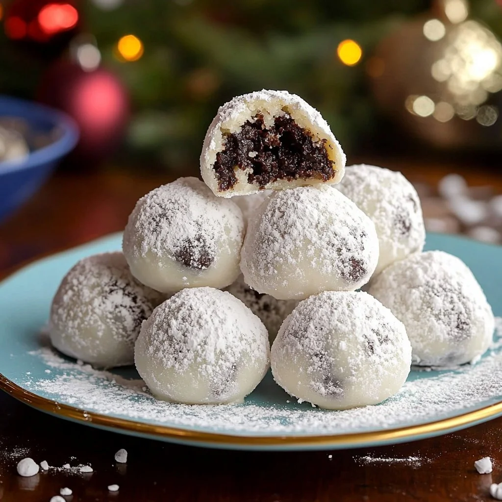 Snowball cookies with chocolate chips dusted in powdered sugar