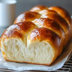 Soft and fluffy homemade milk bread loaf on a wooden cutting board