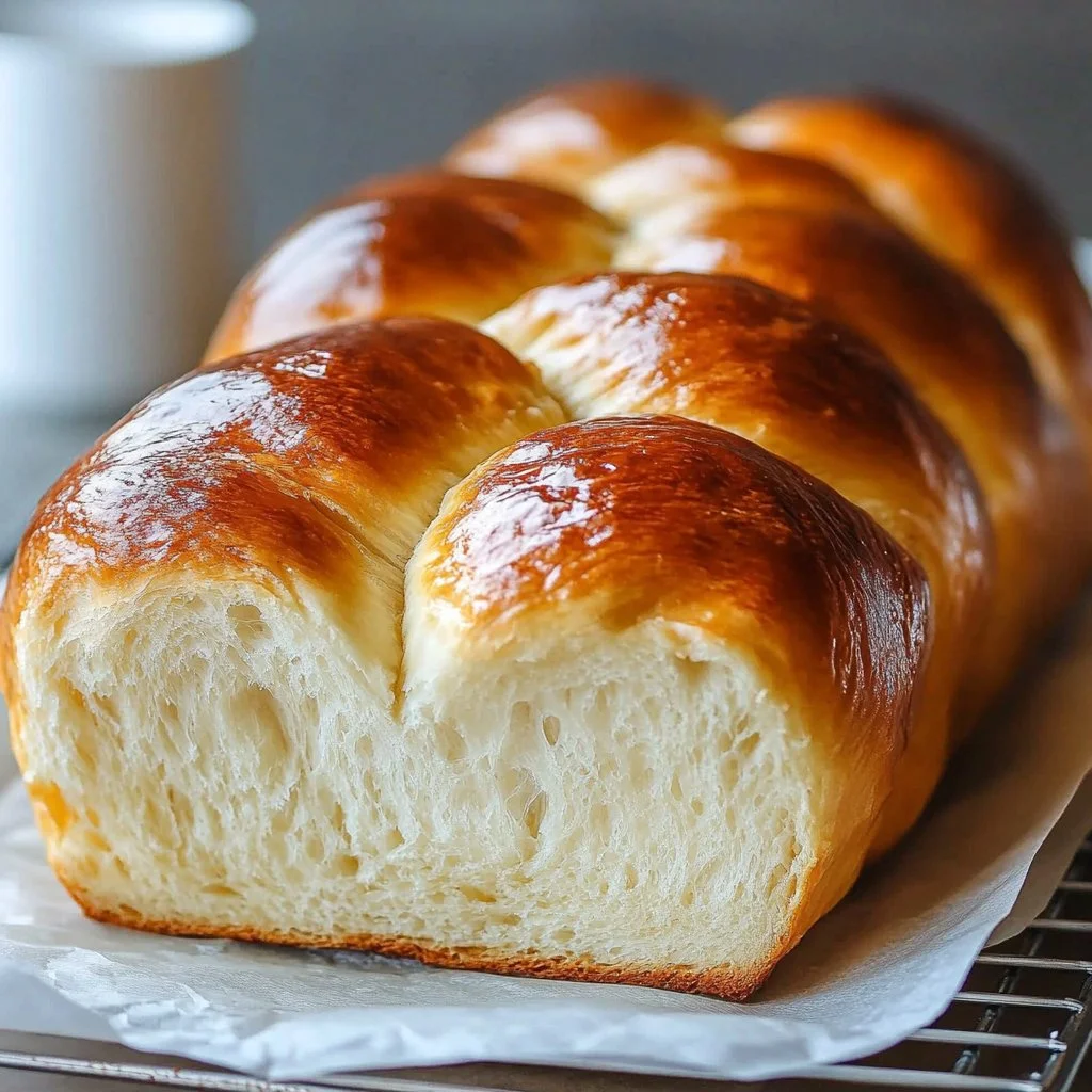 Soft and fluffy homemade milk bread loaf on a wooden cutting board