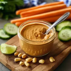 A bowl of speedy peanut sauce with fresh ingredients on a kitchen countertop.