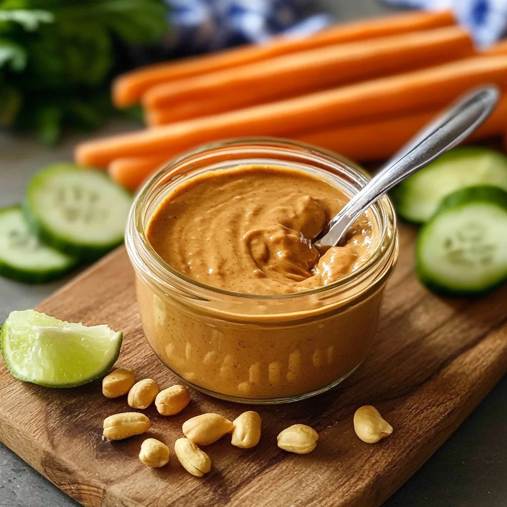 A bowl of speedy peanut sauce with fresh ingredients on a kitchen countertop.