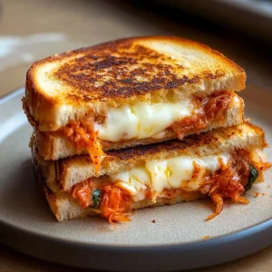 Spicy Kimchi Grilled Cheese sandwich with melted cheese and vibrant kimchi