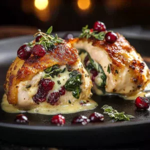 Spinach Brie Stuffed Chicken garnished with fresh herbs on a white plate.