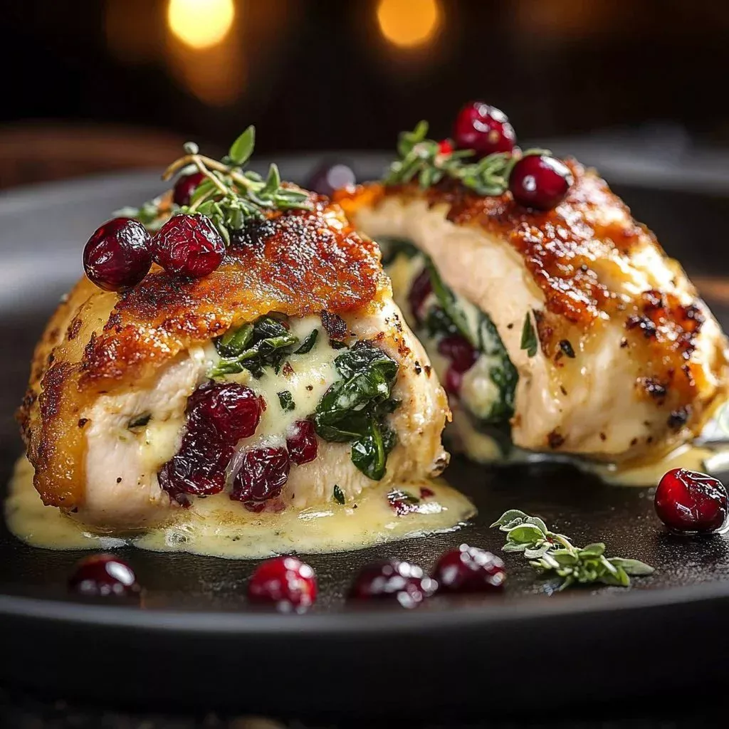 Spinach Brie Stuffed Chicken garnished with fresh herbs on a white plate.