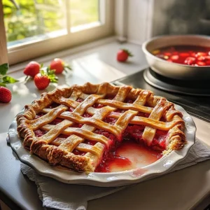 Spring strawberry rhubarb pie fresh from the oven, showcasing its vibrant filling.