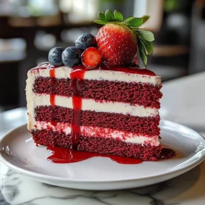 Delicious Strawberry Red Velvet Cheesecake topped with fresh strawberries