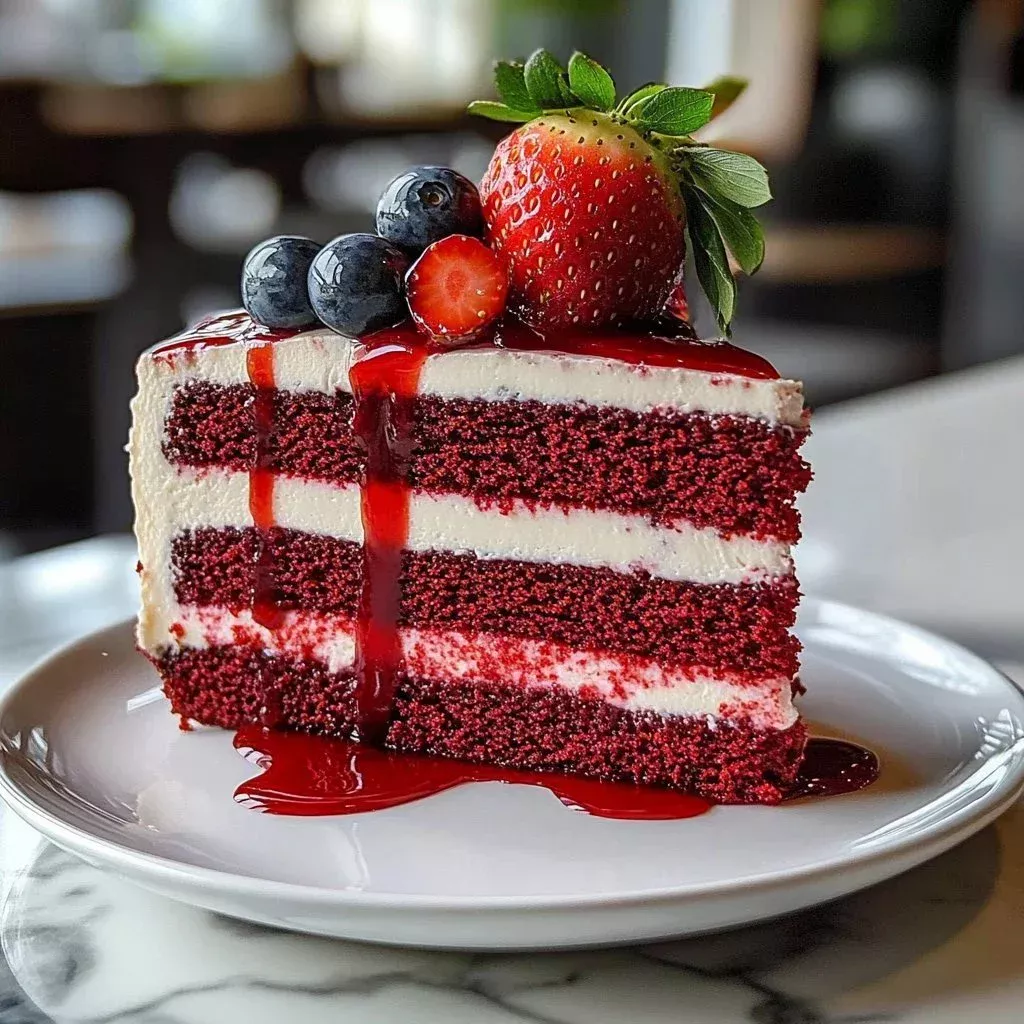 Delicious Strawberry Red Velvet Cheesecake topped with fresh strawberries